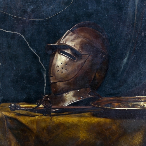 1511 - Howard, oil on canvas, still life armour, with another similar painting on reverse, signed, 76cm x 6... 