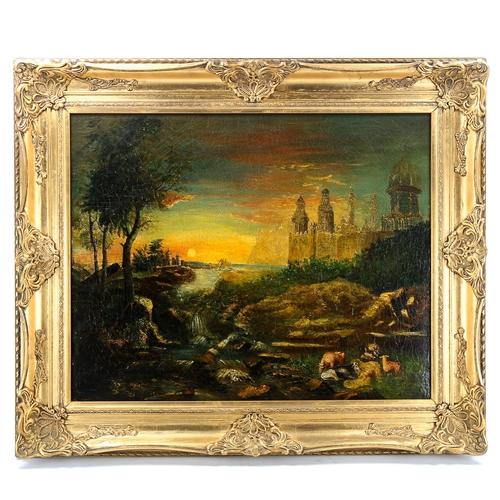 1514 - 19th century oil on canvas, Classical sunset landscape, unsigned, 60cm x 75cm, framed