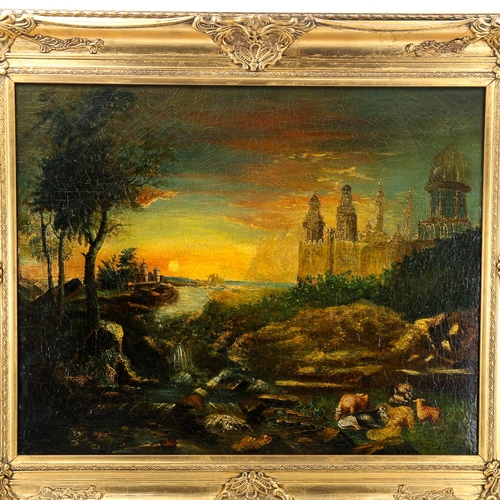 1514 - 19th century oil on canvas, Classical sunset landscape, unsigned, 60cm x 75cm, framed