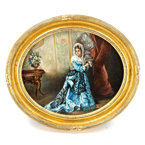 1515 - Late 19th century oval oil on board, woman in evening dress, unsigned, 24cm x 29cm, framed