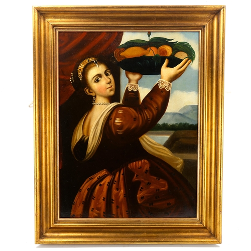 1518 - 19th century oil on canvas, girl with basket of fruit, unsigned, 62cm x 46cm, framed