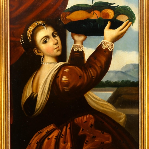 1518 - 19th century oil on canvas, girl with basket of fruit, unsigned, 62cm x 46cm, framed