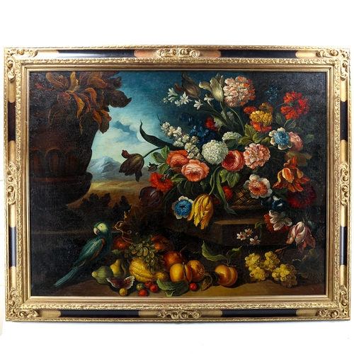 1519 - Early 20th century oil on canvas, still life study, fruit and flowers, unsigned, 80cm x 102cm, frame... 