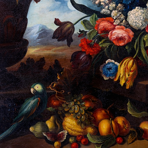 1519 - Early 20th century oil on canvas, still life study, fruit and flowers, unsigned, 80cm x 102cm, frame... 