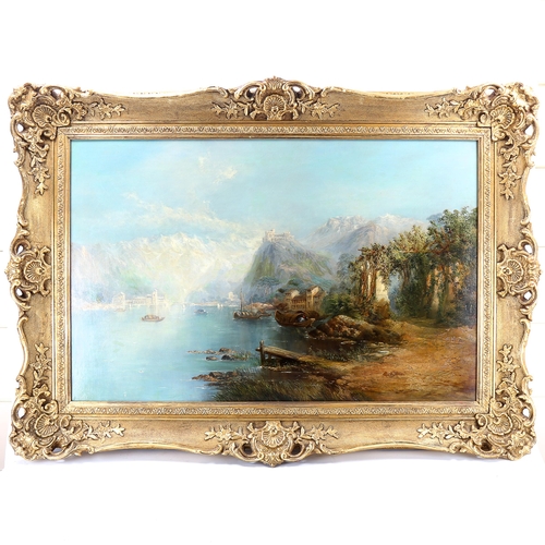 1520 - A 19th century Italian School, oil on canvas, Classical lake scene, unsigned, 64cm x 100cm, framed