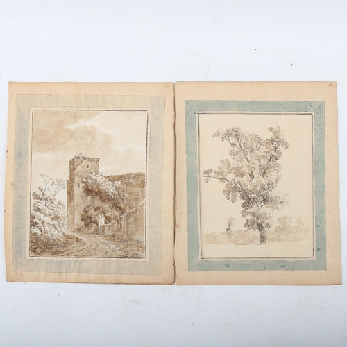 1526 - 18th century Italian School, 2 sepia watercolours on laid paper, ruined building and tree study, uns... 