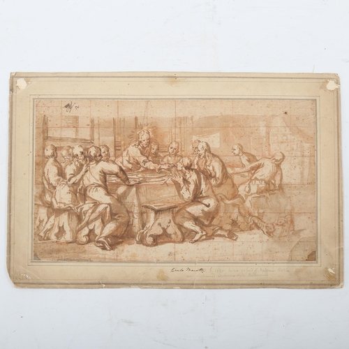 1530 - Carlo Maratti (1925 - 1713), sepia watercolour, sketch on paper, the last supper, 17cm x 30cm, unfra... 