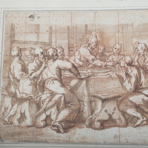 1530 - Carlo Maratti (1925 - 1713), sepia watercolour, sketch on paper, the last supper, 17cm x 30cm, unfra... 