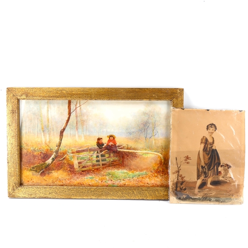 1536 - Benjamin Sigmund (1857 - 1947), watercolour, children in woodland, signed, 31cm x 54cm, and a 19th c... 