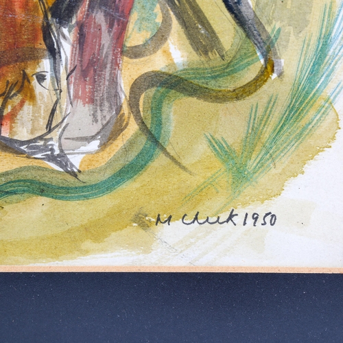 1537 - Mid-20th century watercolour, surrealist composition, indistinctly signed M Chuk? dated 1950, 37cm x... 