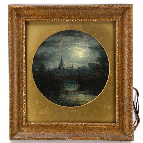 1551 - 19th century oil on board, moonlit landscape, unsigned, 22cm across, framed