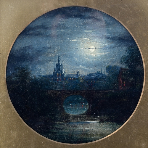 1551 - 19th century oil on board, moonlit landscape, unsigned, 22cm across, framed