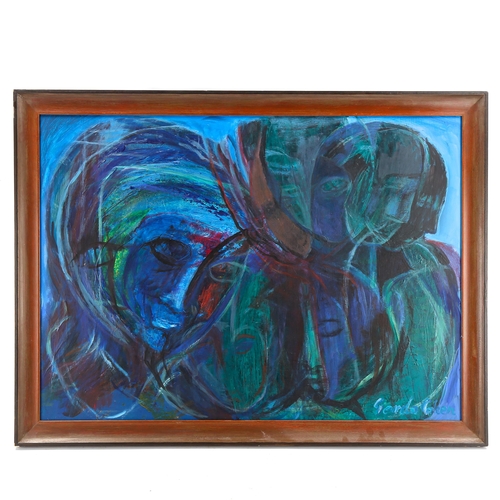 1554 - Gerda Cohen, oil on board, surrealist composition, signed, 60cm x 82cm, framed