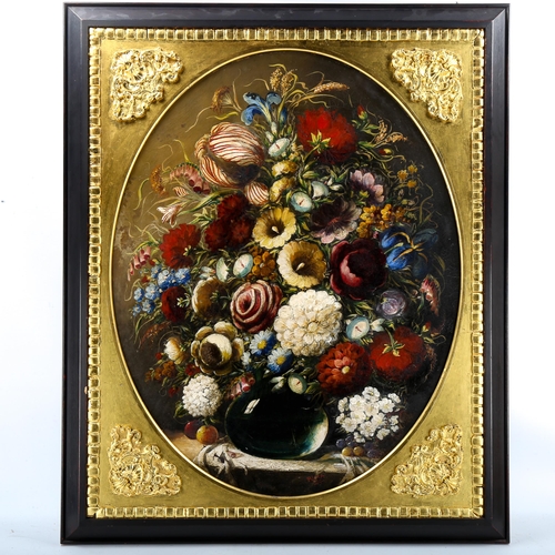 1556 - Early 20th century oval oil on canvas, Dutch style flower study, unsigned, 85cm x 65cm, framed