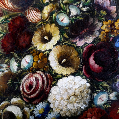 1556 - Early 20th century oval oil on canvas, Dutch style flower study, unsigned, 85cm x 65cm, framed