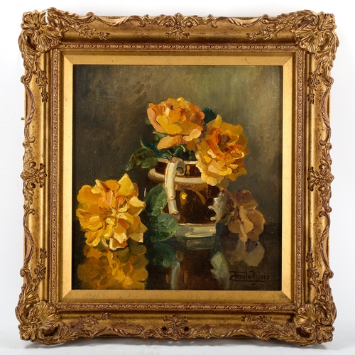 1560 - Lady Freda Blois (1880 - 1963), oil on canvas board, yellow roses, signed, 30cm x 28cm, framed