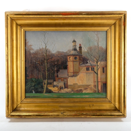 1564 - Mid-century oil on canvas laid on board, country house gardens, unsigned, 41cm x 48cm, framed