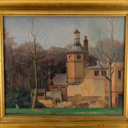 1564 - Mid-century oil on canvas laid on board, country house gardens, unsigned, 41cm x 48cm, framed