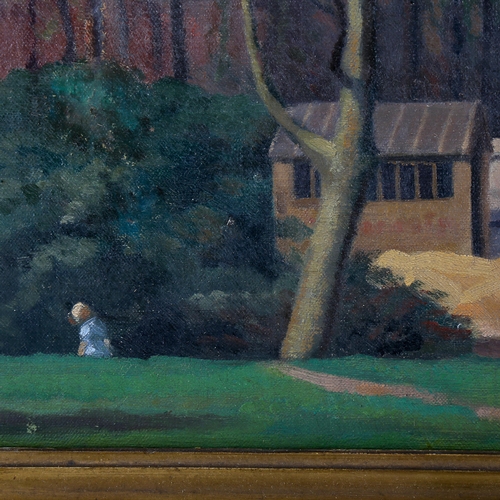 1564 - Mid-century oil on canvas laid on board, country house gardens, unsigned, 41cm x 48cm, framed