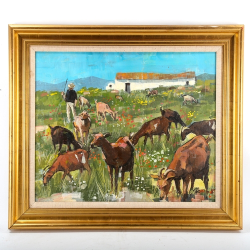 1567 - Continental oil on canvas, goat herd, indistinctly signed, 45cm x 55cm, framed