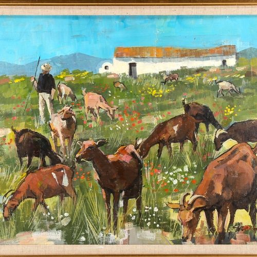 1567 - Continental oil on canvas, goat herd, indistinctly signed, 45cm x 55cm, framed