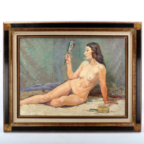 1568 - 20th century oil on board, seated nude, unsigned, 54cm x 73cm, framed