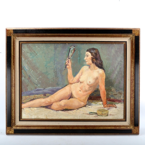 1568 - 20th century oil on board, seated nude, unsigned, 54cm x 73cm, framed