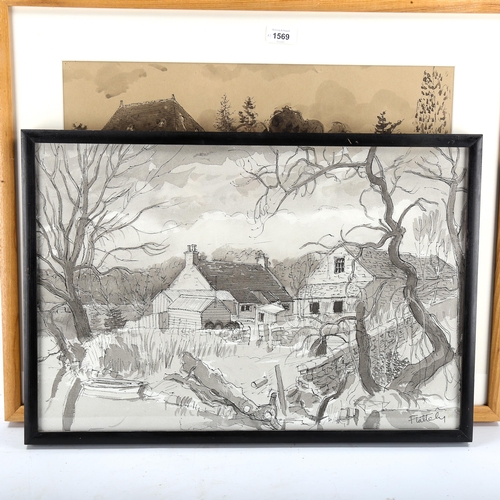 1569 - Alastair Flattely (1922 - 2009), 2 ink and wash drawings, country cottages, signed, largest 38cm x 5... 