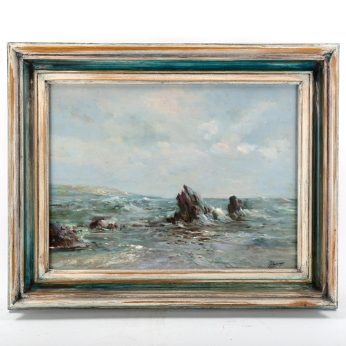 1573 - Oil on board, impressionist shore scene, indistinctly signed, 30cm x 42cm, framed