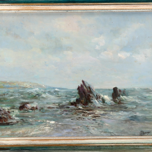 1573 - Oil on board, impressionist shore scene, indistinctly signed, 30cm x 42cm, framed