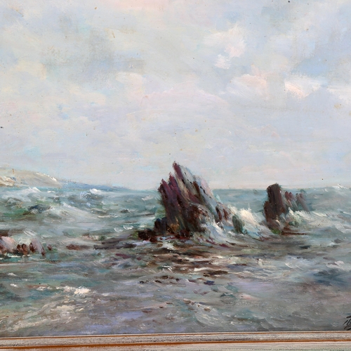 1573 - Oil on board, impressionist shore scene, indistinctly signed, 30cm x 42cm, framed