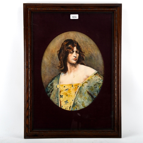 1574 - Early 20th century watercolour, portrait of a woman, unsigned, 38cm x 31cm, framed