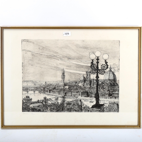 1576 - A pair of etchings, views of Florence and Genoa, signed in pencil, plate 37cm x 49cm, framed