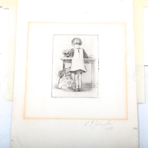 1578 - P Johnston, miniature etching, girl with a doll, signed in pencil 1938, image 8cm x 6cm, and a group... 