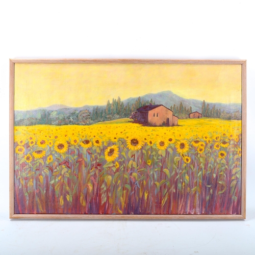 1584 - Meg Randell, oil on canvas, sunflowers at evening, 50cm x 75cm, framed