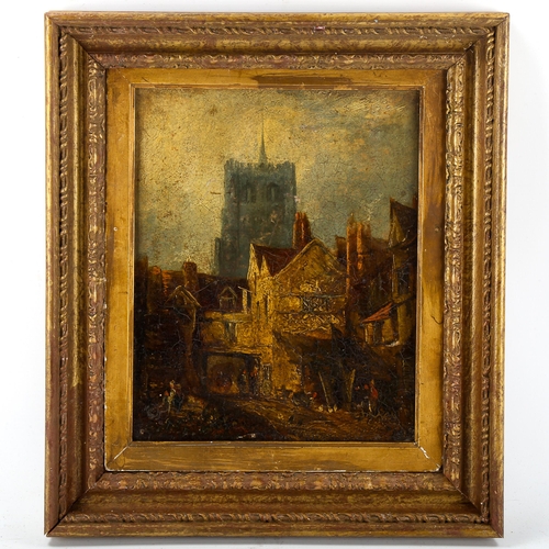 1587 - 19th century oil on board, street scene with cathedral, unsigned, 28cm x 22cm, framed