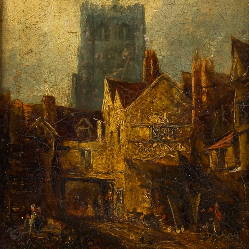 1587 - 19th century oil on board, street scene with cathedral, unsigned, 28cm x 22cm, framed