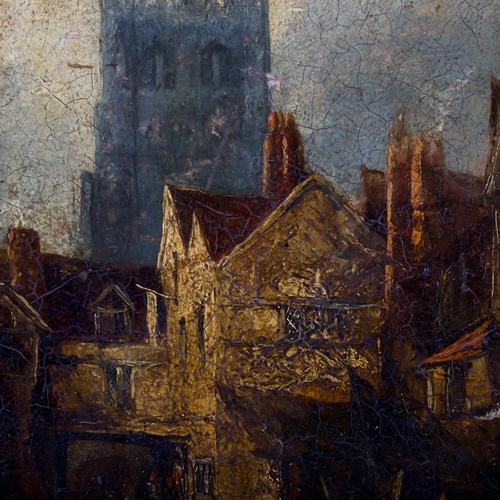 1587 - 19th century oil on board, street scene with cathedral, unsigned, 28cm x 22cm, framed