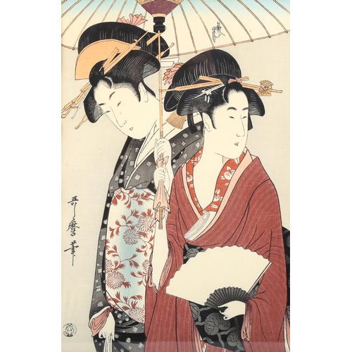 1589 - Kitagawa Utamaro, Japanese colour woodblock print, 2 fashionable ladies, 38cm x 25cm, framed, slight... 