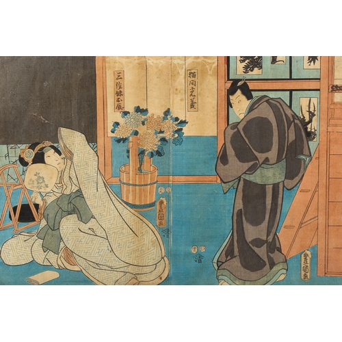 1590 - Toyokuni Kunisada, 19th century Japanese colour woodblock print, 2 actors, 34cm x 50cm, framed