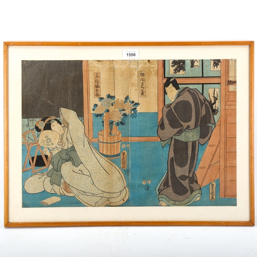 1590 - Toyokuni Kunisada, 19th century Japanese colour woodblock print, 2 actors, 34cm x 50cm, framed