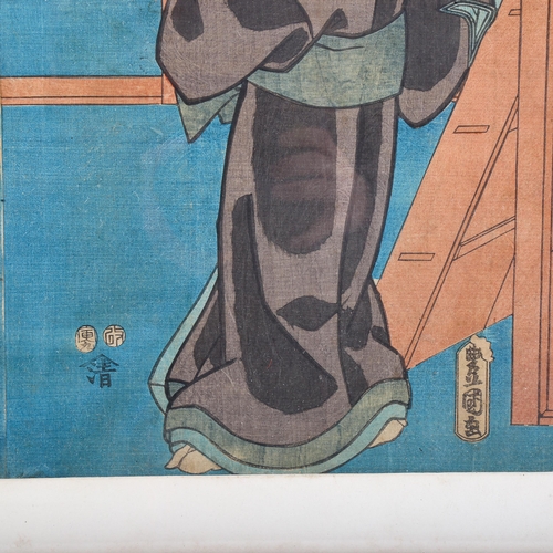 1590 - Toyokuni Kunisada, 19th century Japanese colour woodblock print, 2 actors, 34cm x 50cm, framed