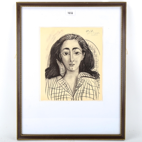 1618 - After Picasso, offset print, portrait of Jacqueline, sheet 31cm x 26cm, framed