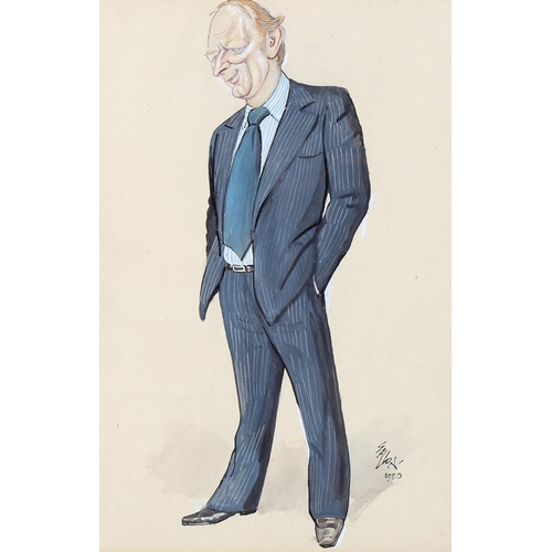 1625 - Gallon, gouache, caricature portrait of Paul Dowson, signed and dated 1980, 37cm x 25cm, framed