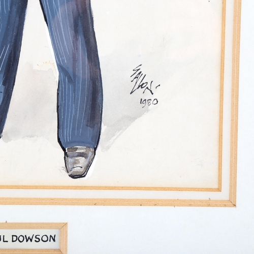 1625 - Gallon, gouache, caricature portrait of Paul Dowson, signed and dated 1980, 37cm x 25cm, framed