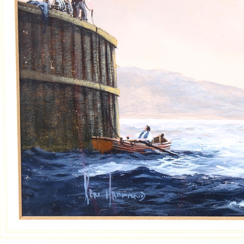 1626 - Ken Hammond, gouache, coastal scene, signed, 15cm x 40cm, framed