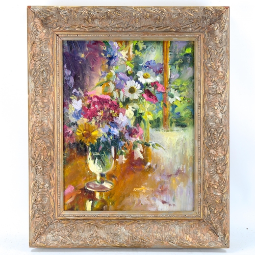 1628 - Oil on board, still life flowers, indistinctly signed, 46cm x 36cm, framed