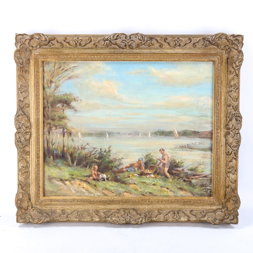 1641 - Bernard Wiles (1883 - 1966), oil on board, picnic by a river, 40cm x 50cm, framed