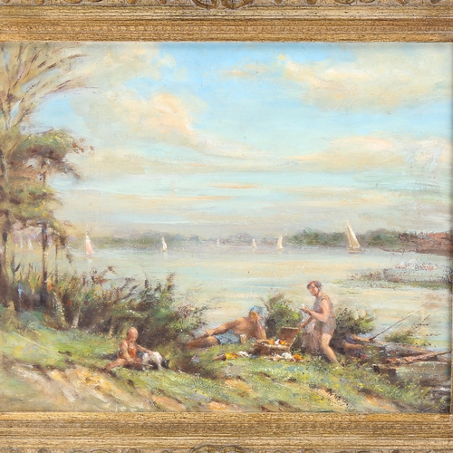 1641 - Bernard Wiles (1883 - 1966), oil on board, picnic by a river, 40cm x 50cm, framed