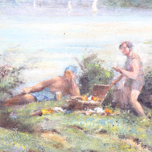 1641 - Bernard Wiles (1883 - 1966), oil on board, picnic by a river, 40cm x 50cm, framed